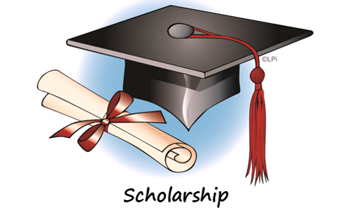 Photo of a graduation cap with a red tassel and a rolled up scroll representing a scholarship.